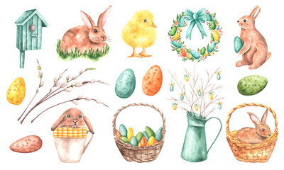 Easter watercolor illustration set. Easter Bunny, Chicken, Eggs, Egg Basket, Willow Branch, Birdhouse, Wreath. Spring. Religious holiday. For printing on stickers, postcards, packaging, textiles