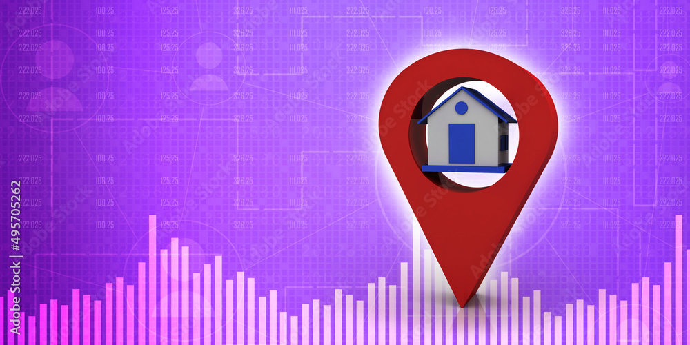 Poster 3d illustration search for property. a map with large red gps pointer containing home