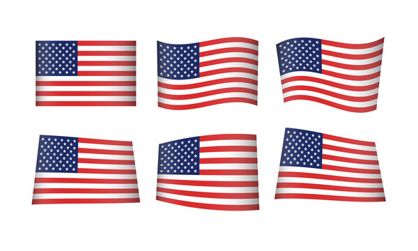 USA US Flag American Waving Flags United States of America National Symbol Banner Icon Vector Set Waving Stickers Wavy Wave Flags Country State Day Emblem Every All Independence 3D Stars and Stripes