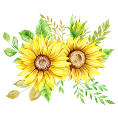 Watercolor Sunflower Bouquets, Sunflower Arrangement. Summer Bouquet on white, botanical illustration. Rustic bouquet watercolor