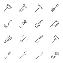 Set of vector line icons of kitchen utensils, cooking tools and equipment isolated
