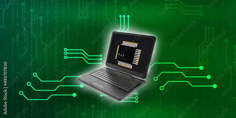 Poster 3d render laptop computer with microchips