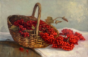 still life basket with red viburnum
