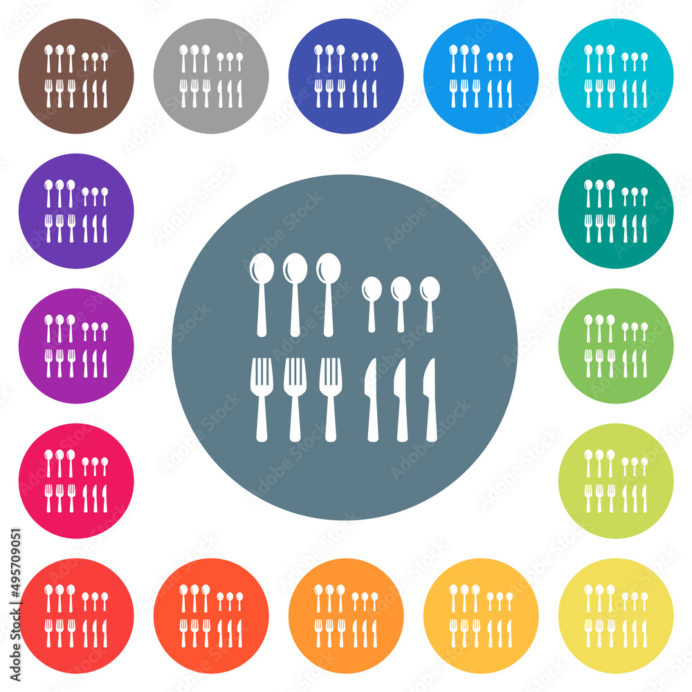 Poster flatware box flat white icons on round color backgrounds