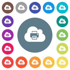 Cloud printing flat white icons on round color backgrounds