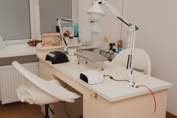 Nail care workplace for master of manicure or pedicure.
