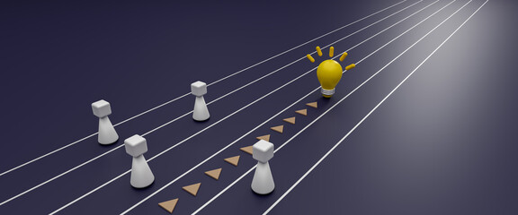 Leadership and Ideas inspiration concepts of yellow light bulb to goal to success, different thinking idea and leadership concept, new ideas with innovation, creativity, 3d rendering illustration