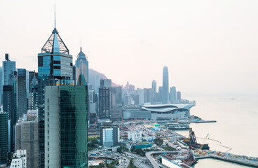 Modern buildings and Victoria harbor in Hong Kong