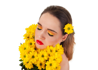 young girl with bright make-up and yellow flowers - 495710283