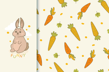 Seamless pattern with cute rabbit and carrots. Beige background. Flat cartoon style. For children's postcards, textiles, wallpaper and wrapping paper. Summer and spring ornaments.