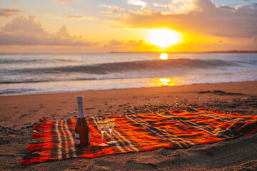 Having a picnic on the beach at sunset