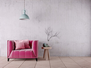 Vintage industrial style room with purple armchair,wood floor,ceiling lamp and grunge white wall background.3d rendering