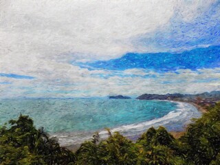Fototapeta na wymiar Watercolor and pastel drawing nature landscape, tropical travel and touristic place, Seychelles island vacation, trend print for poster, textile or canvas. Modern fine arts design wallpaper. Wall art