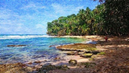 Fototapeta na wymiar Watercolor and pastel drawing nature landscape, tropical travel and touristic place, Seychelles island vacation, trend print for poster, textile or canvas. Modern fine arts design wallpaper. Wall art