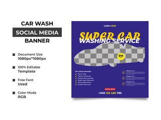 super car washing service social media post template design with a cropped car image placement, professional colors used in the design, this template can be used as web banner. vector template, eps 10