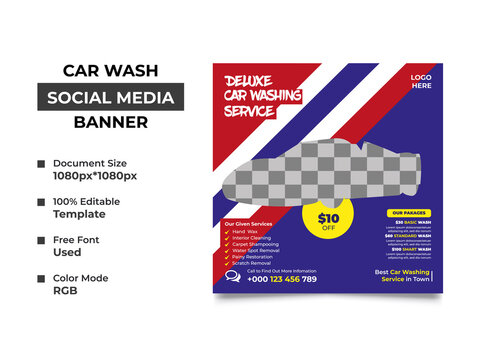 deluxe car wash service social media post template design with a cropped car image placement, professional colors used in the design, this template can be used as web banner. vector template, eps 10