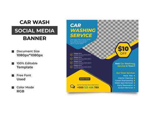 modern car washing service social media post template design with an image placement, professional colors used in the design, this template can be used as web banner. vector square template, eps