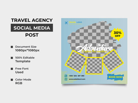 travel agency brush stroke social media post template design with four image placement, professional eye-catchy color used in the template. organized, fully editable, square design. vector eps 10