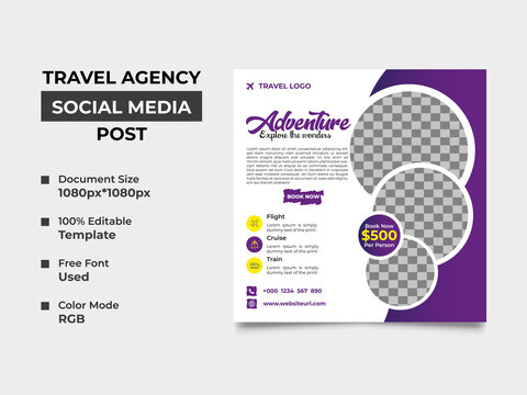 travel agency social media post template design with three image placement, professional eye-catchy color used in the template. organized, fully editable, square design. vector eps 10, web banner.