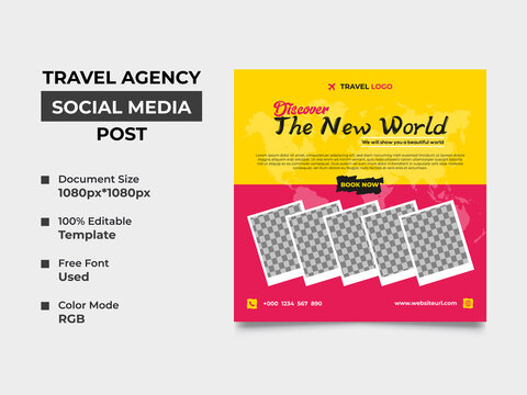 travel agency social media post template design with four image placement, professional eye-catchy color used in the template. organized, fully editable, square design. vector eps 10, web banner.