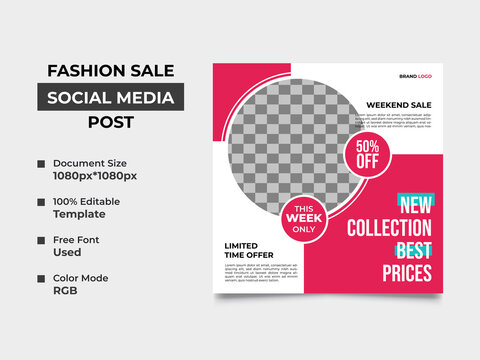 fashion sale social media banner template design with an image placement, two basic color used in the design. Eye catchy, fully editable, organized square template. vector eps 10 version, professional