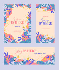 Fototapeta na wymiar Spring banner with flowers on a pink background. Banner perfect for promotions, magazines, cards, invitations, banners design and web/internet ads. Vector illustration 