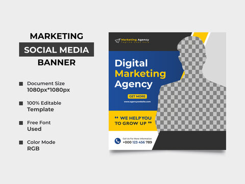 professional digital marketing agency social media post, this template can use as web banner. a cropped image can place in the design, professional eye-catchy color used. Vector square, eps 10 version