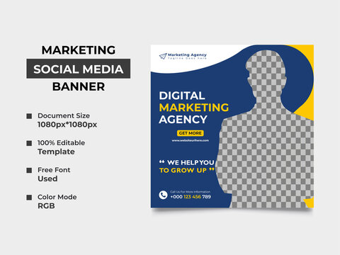 smart digital marketing agency social media post, this template can be used as web banner. a cropped image can place in the design, professional eye-catchy color used. Vector square, eps 10 version