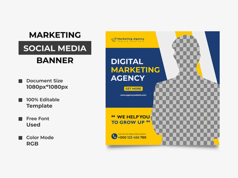 creative digital marketing agency social media post, this template can be used as web banner. a cropped image can place in the design, professional eye-catchy color used. Vector square, eps 10 version