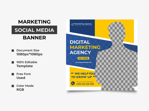 modern digital marketing agency social media post, this template can be used as web banner. a cropped image can place in the design, professional eye-catchy color used. Vector square, eps 10 version