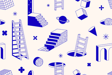 Surreal geometric shapes. Abstract vector elements and signs in trendy minimal outline style. Arch, stairs, column etc.