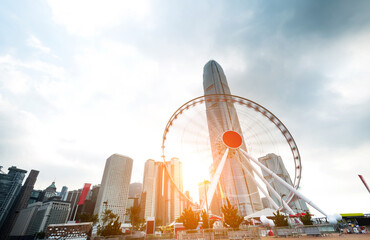 Ferris wheel and office buildings in Hong Kong