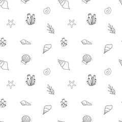 Hand drawn vector illustrations, seamless pattern of seashells, corals, seaweed, star. Marine background. Perfect for invitations, greeting cards, posters, prints, banners, flyers, fabric, textile etc