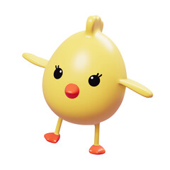 Cute yellow baby chick little bird isolated on white 3d render illustration. Easter greeting card design element. Easter egg hunt poster template. Cartoon chicken kid character. Farm bird animal.