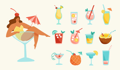 Set of tropical cocktails and a cute girl in a glass with an umbrella. Vector illustration of alcoholic summer drinks in trendy retro style.