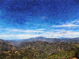 Watercolor and pastel drawing nature landscape, tropical travel and touristic place, Seychelles island vacation, trend print for poster, textile or canvas. Modern fine arts design wallpaper. Wall art