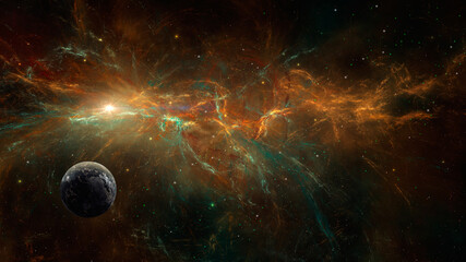Obraz na płótnie Canvas Space background. Earth planet in colorful fractal nebula and star field. Elements furnished by NASA. 3D rendering