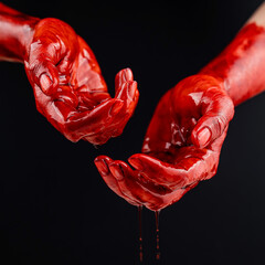 Women's hands in blood on a black background.