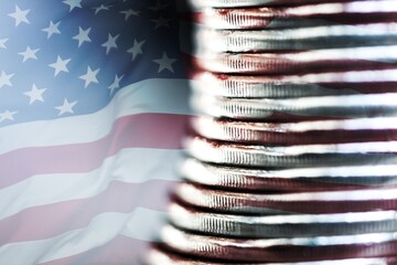 Coin with USA flag. United States and Russia sanctions concept.