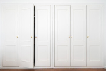 White wardrobe in american classic style with ajar door