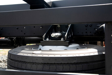 Heavy Duty Truck Tires Closeup Photo. Semi Truck Wheels
