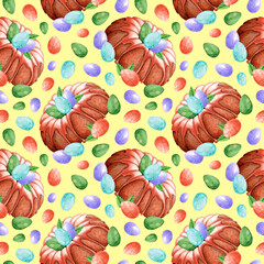 Watercolor Easter seamless pattern. Easter cupcake wreath and colored eggs. Spring sweet pastry. Hand drawn illustration isolated on background.