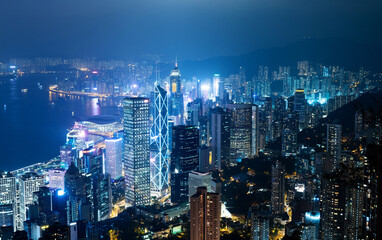 Obraz premium Aerial view of Hong Kong cityscape at night
