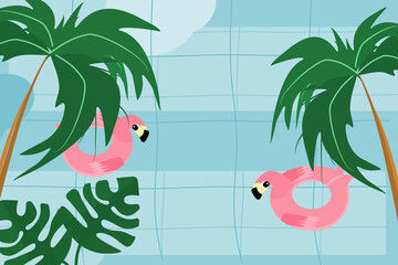 cartoon and flatart design for summer activity with flamingo rubber ring float in swimming pool with tropical forest