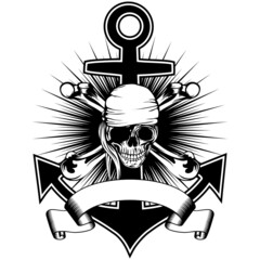 Vector illustration pirate insignia skull in bandana with crossed bones and anchor
