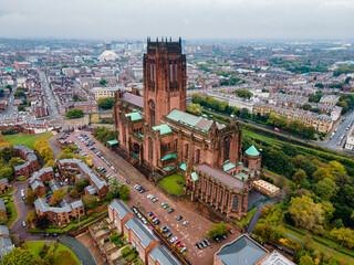 Aerial shot of the Liverpool Cathedral surrounded by the cityscape in England