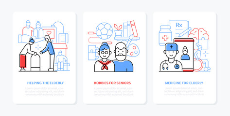 Medicine and helping for senior - line design style banners set