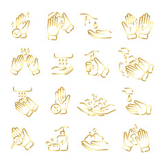 Hands washing flat icon set. Tutorial of hand cleaning pictograms for web. Isolated on white background. Line stroke. Water stream clean the arms. Vector eps10
