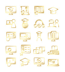 Online education icons set. Flat pictograms for web. Line stroke. Isolated on white background. Vector eps10. Online seminar, training.