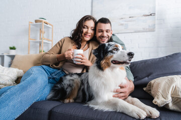 smiling young woman holding cup near bearded boyfriend cuddling australian shepherd dog.